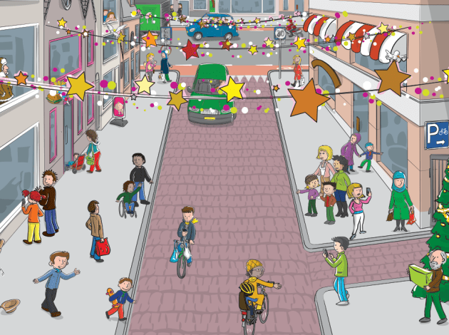 Een tekening van een drukke winkelstraat die versierd is met kerstdecoratie. kinderen spelen op straat en ouders doen boodschappen. 
