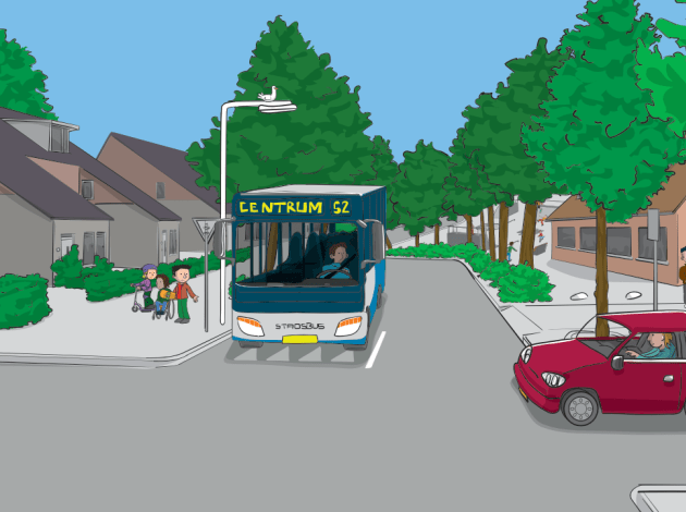 Een tekening van een kruispunt waar een bus voor haaientanden wacht, mensen op de stoep wachten en een auto oversteekt