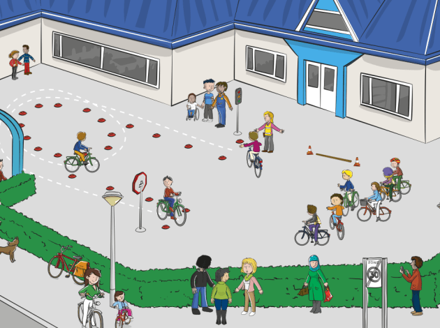 Een tekening van een schoolplein waarop leerlingen een fietsparcours oefenen