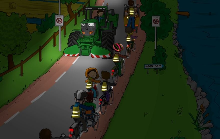 Illustratie andbouwvoertuig met licht aan op een donkere weg komt naar school gaande kinderen op de fiets tegen met veiligheidshesjes
