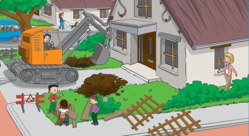 Illustratie grote bouwkraan staat voor een huis met afzetting op de stoep waar kinderen langs willen