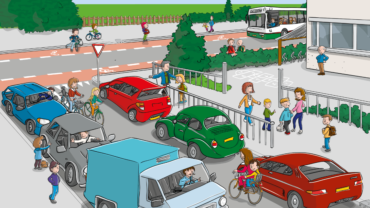 Een tekening van drukte rond een school met ouders die hun kinderen komen afzetten
