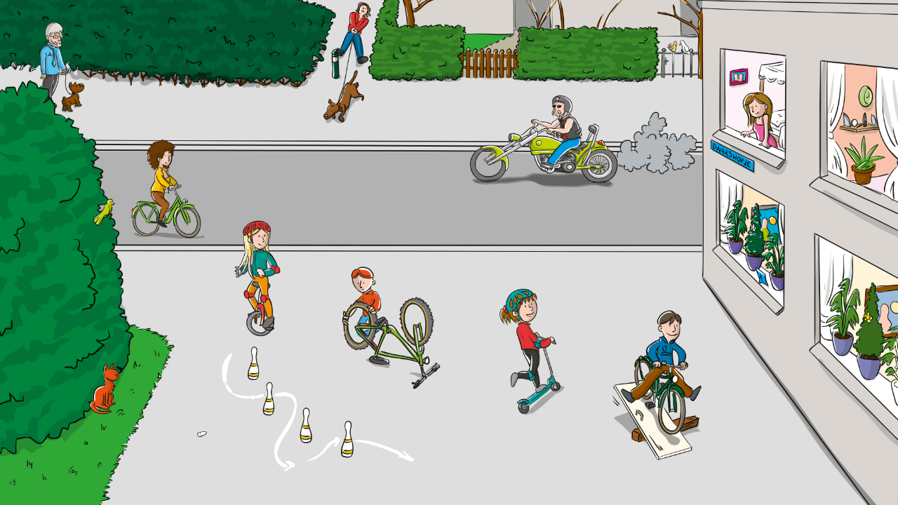 een tekening van kinderen die op een pleintje oefenen met verschillende fietsoefeningen en een kind waarbij de ketting van de fiets af is