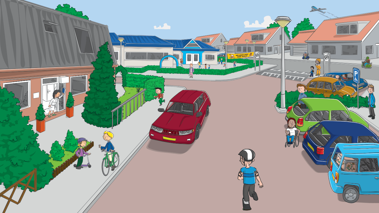 Tekening van een schoollocatie met geparkeerde en rijdende auto's en kinderen spelend op de stoep en de weg