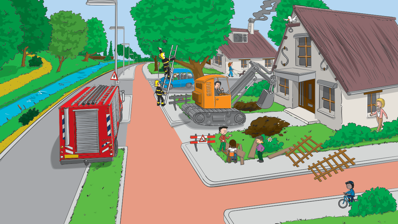 Een tekening van een brandweerwagen op de weg en een graafmachine die een kuil in een voortuin graaft met kinderen spelend op de stoep
