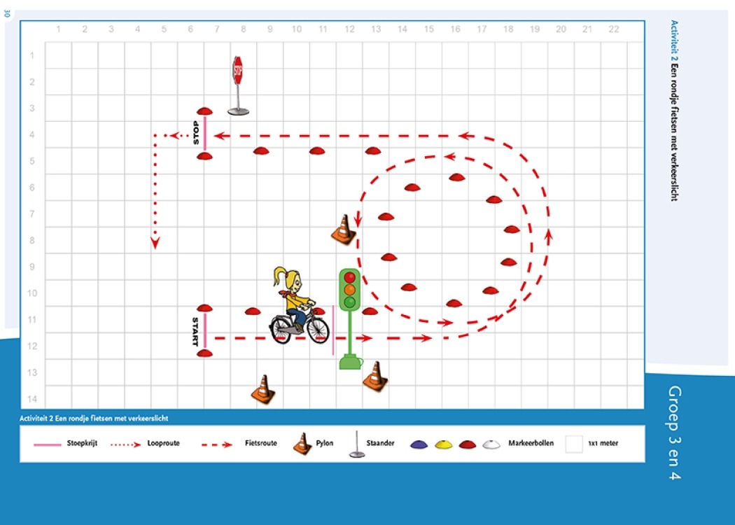 Plattegrond activiteit fietskunsten les 1 een rondje fietsen met verkeerslicht groep 3 en 4
