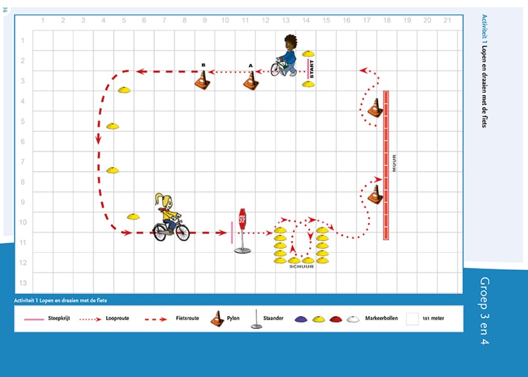 Plattegrond activiteit fietskunsten les 2 lopen en draaien met de fiets groep 3 en 4
