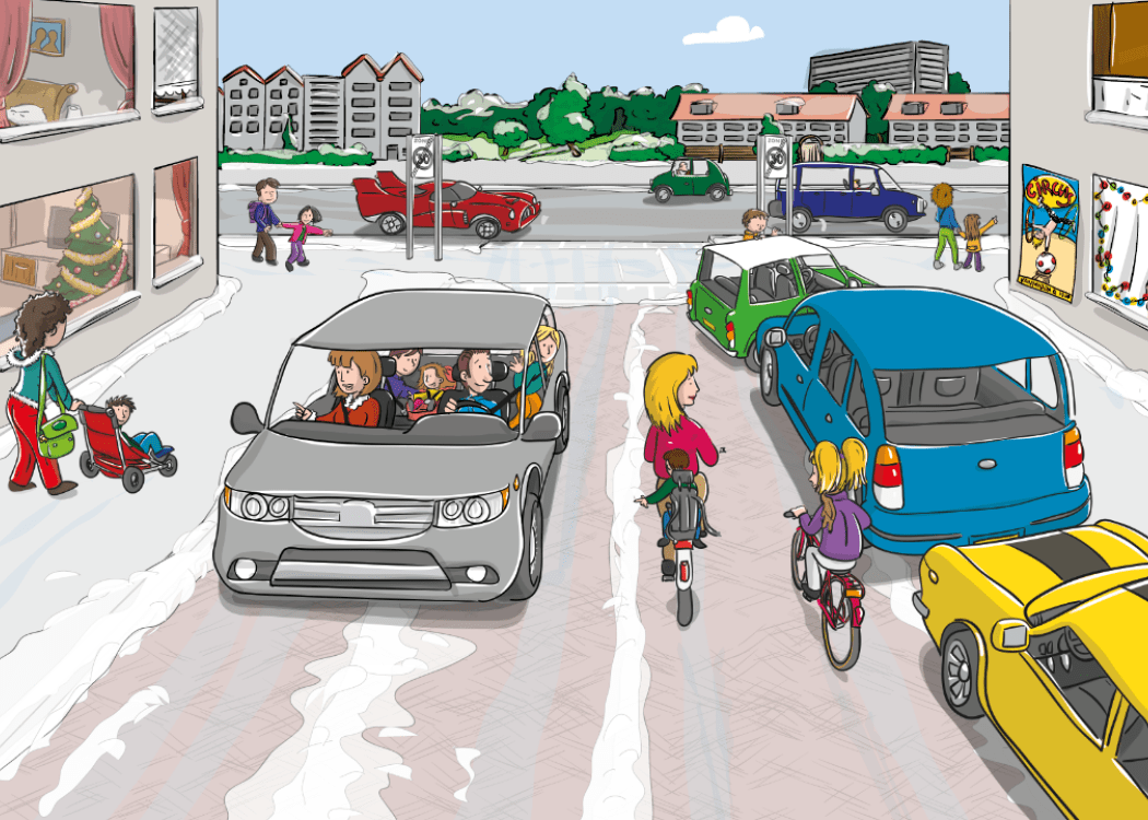 een straat met auto's en fietsers in de winter