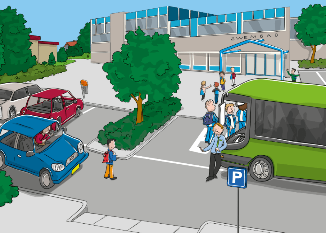 auto's en een bus bij het zwembad tekening
