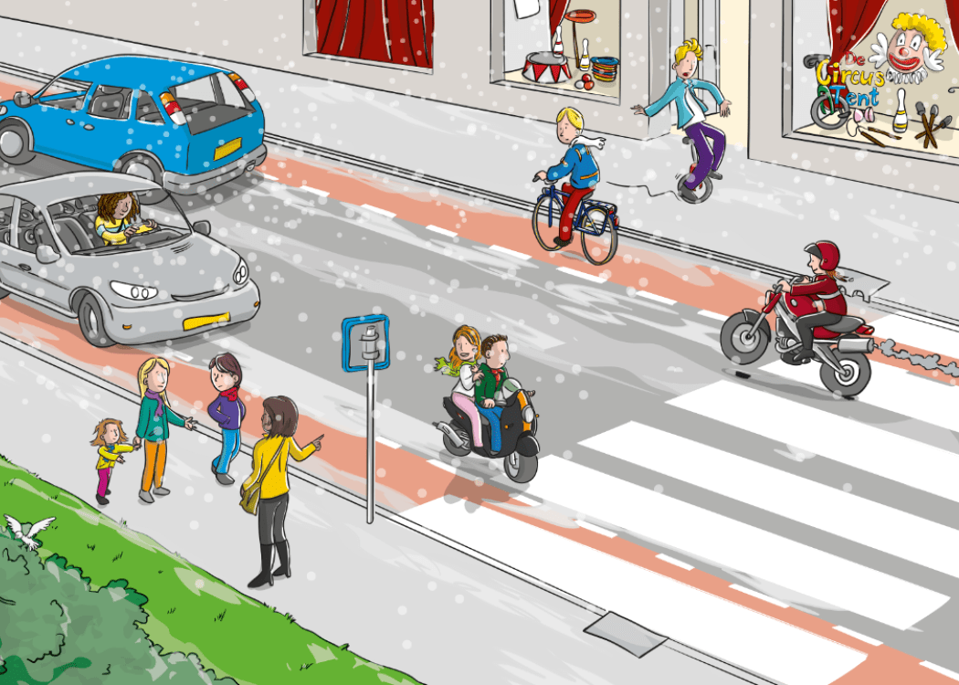 een drukke weg oversteken in de winter om naar de winkel te gaan (illustratie)