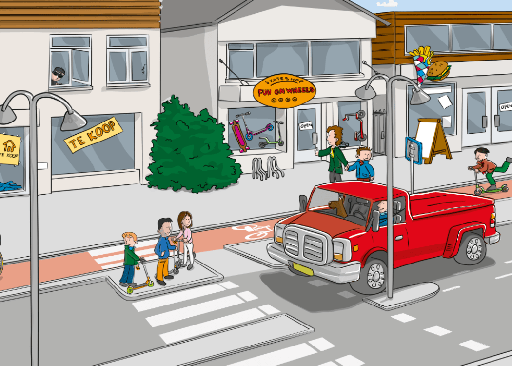 kinderen die het zebrapad willen oversteken op een drukke weg (illustratie)
