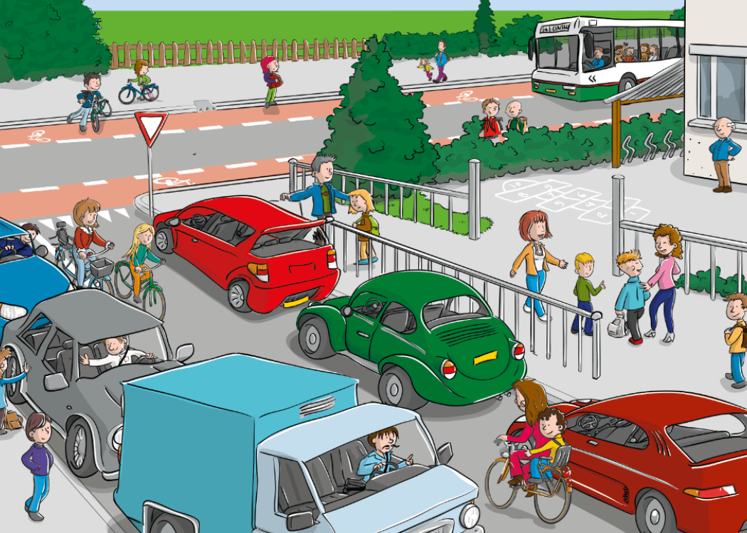 Verkeersplaat we gaan weer naar school - wat een drukte