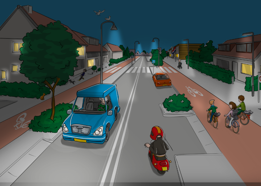 verlichtte straat in het donker