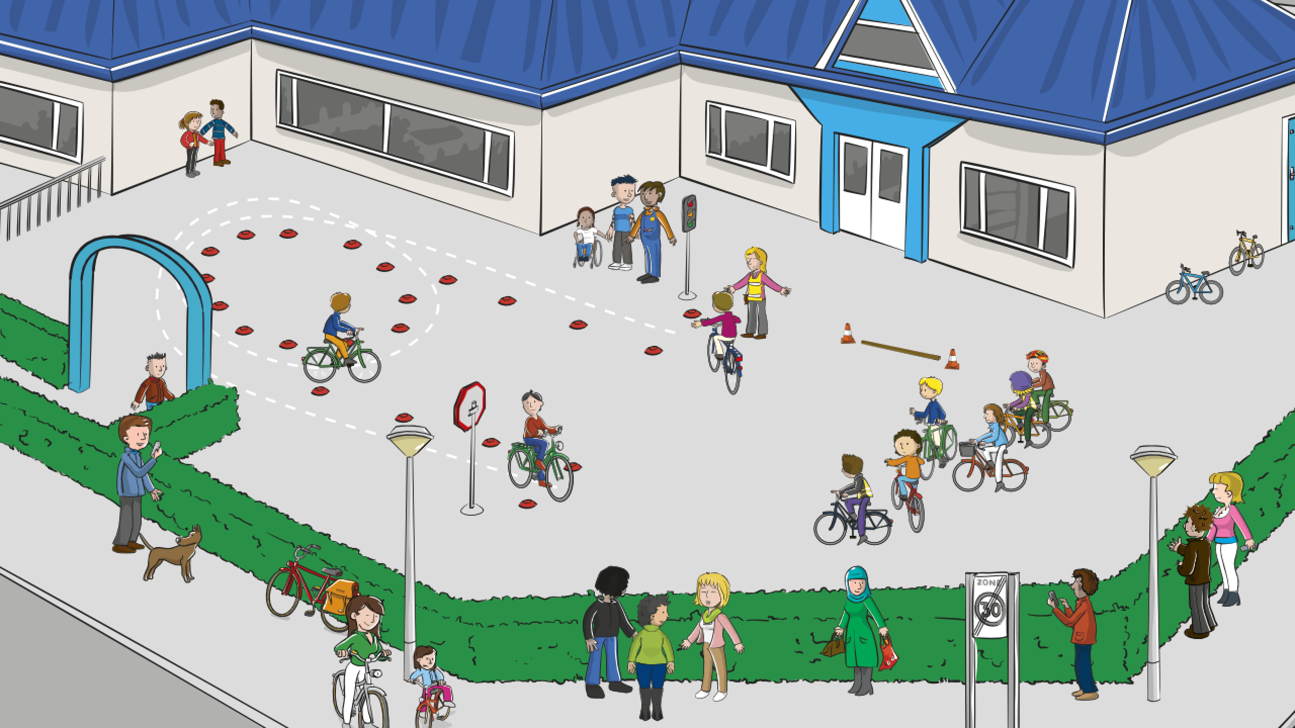 een schoolplein waar een fietsparcours is uitgezet en kinderen oefenen met fietsen