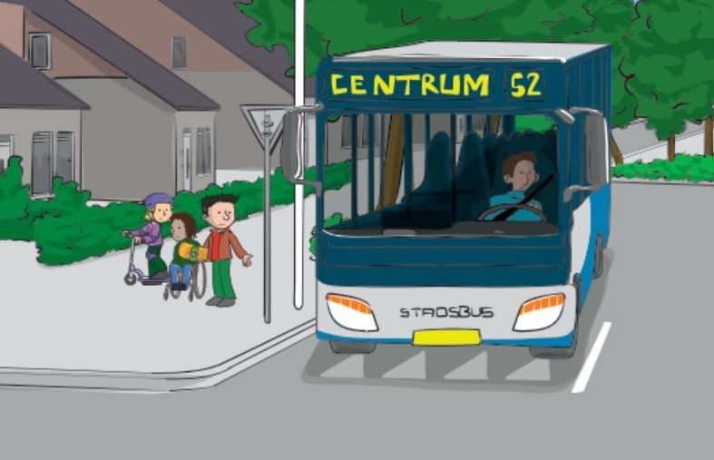 Bus stopt voor haaientanden en kinderen staan met vader op de stoep
